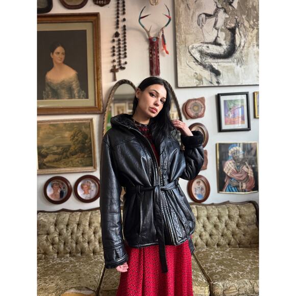 Vintage Wilsons Leather Hooded Black Jacket w Faux Fur Lining Small - Picture 8 of 12